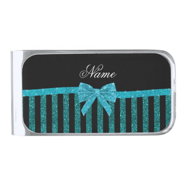 Custom name turquoise glitter stripes bow silver finish money clip (Front)