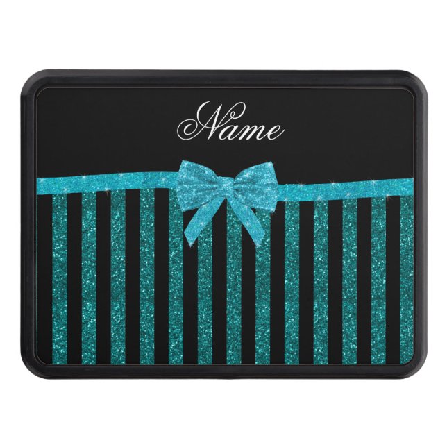 Custom name turquoise glitter stripes bow tow hitch cover (Front)