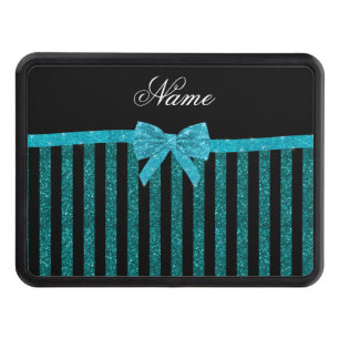 Custom name turquoise glitter stripes bow tow hitch cover