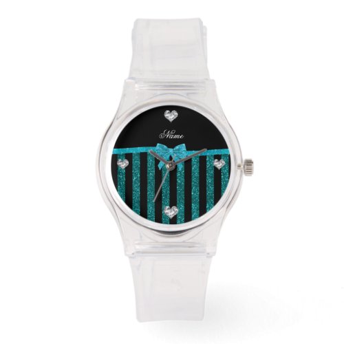 Custom name turquoise glitter stripes bow watch