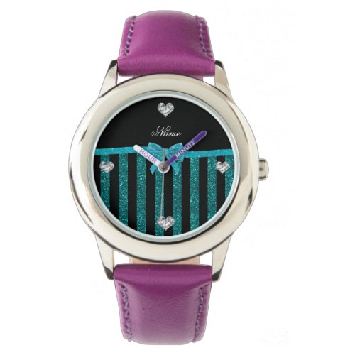 Custom name turquoise glitter stripes bow watch