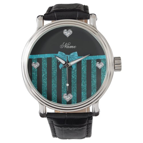 Custom name turquoise glitter stripes bow watch