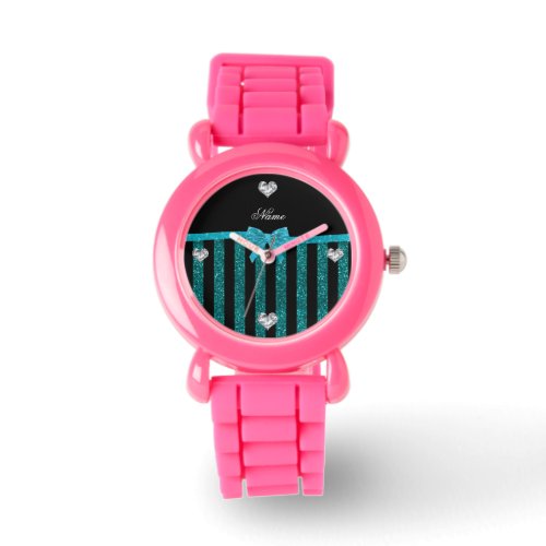 Custom name turquoise glitter stripes bow watch