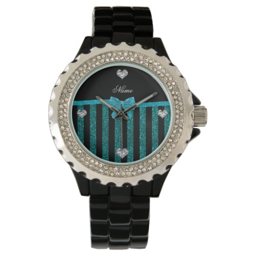 Custom name turquoise glitter stripes bow watch