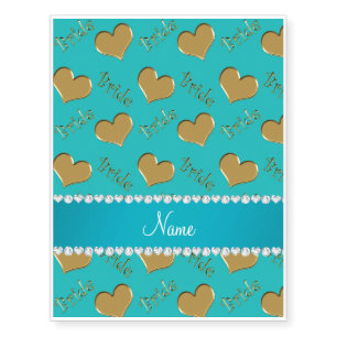 Custom name turquoise gold bride hearts temporary tattoos