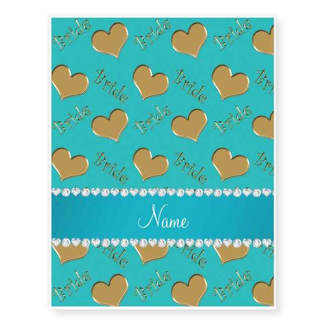 Custom name turquoise gold bride hearts temporary tattoos (Front)