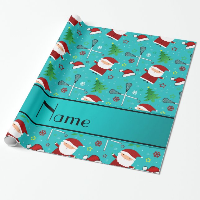Custom name turquoise lacrosse christmas pattern wrapping paper (Unrolled)