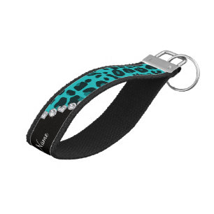 Custom name turquoise leopard black diamonds wrist keychain