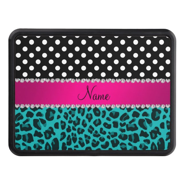 Custom name turquoise leopard black dots trailer hitch cover (Front)