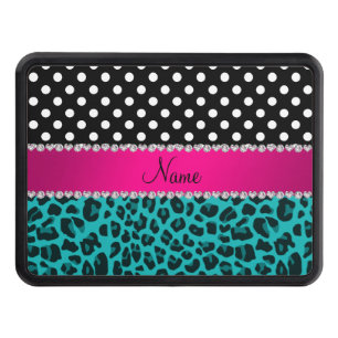Custom name turquoise leopard black dots trailer hitch cover