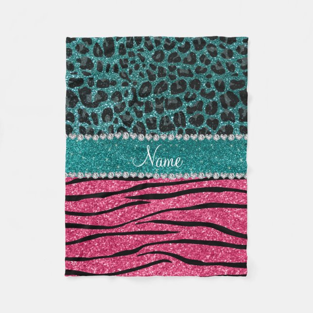 Custom name turquoise leopard pink glitter zebra fleece blanket (Front)