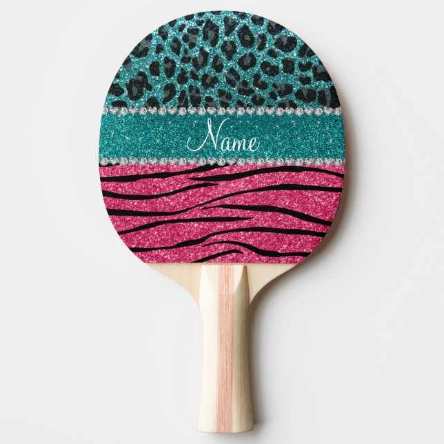 Custom name turquoise leopard pink glitter zebra Ping-Pong paddle (Front)