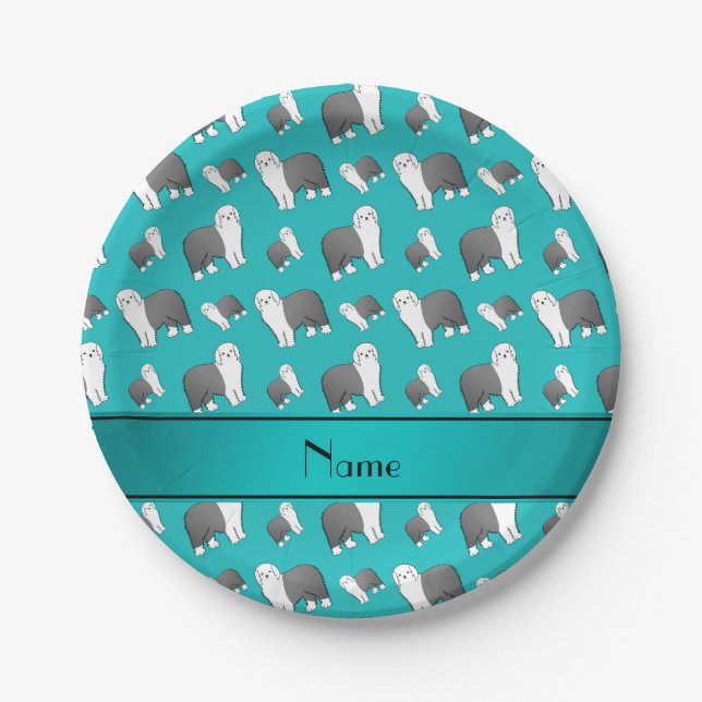 Custom name turquoise Old English Sheepdog dogs Paper Plates (Front)
