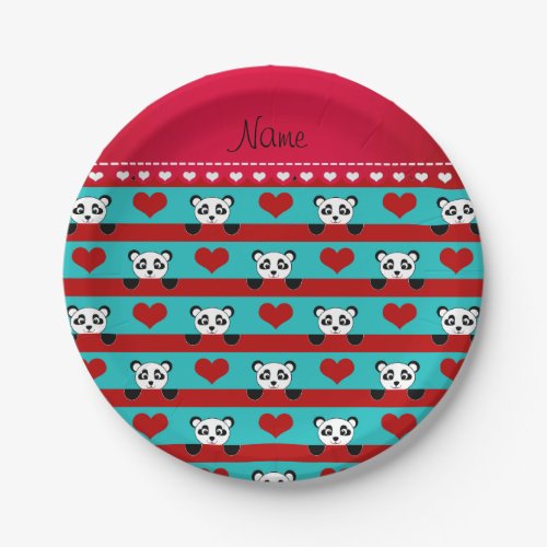 Custom name turquoise panda red heart stripes paper plates