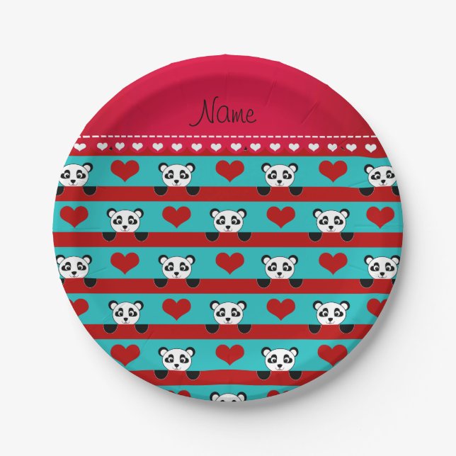 Custom name turquoise panda red heart stripes paper plates (Front)