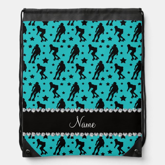 Custom name turquoise roller derby stars drawstring bag (Front)