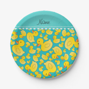Custom name turquoise rubberducks blue stripe paper plates