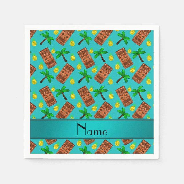 Custom name turquoise tiki pineapples palm trees paper napkins (Front)