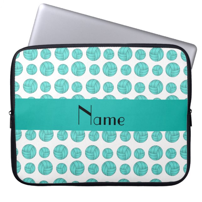 Custom name turquoise volleyball pattern laptop sleeve (Front)