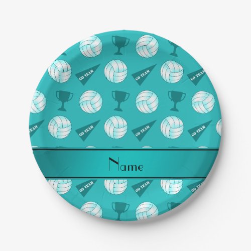 Custom name turquoise volleyballs trophy flag paper plates