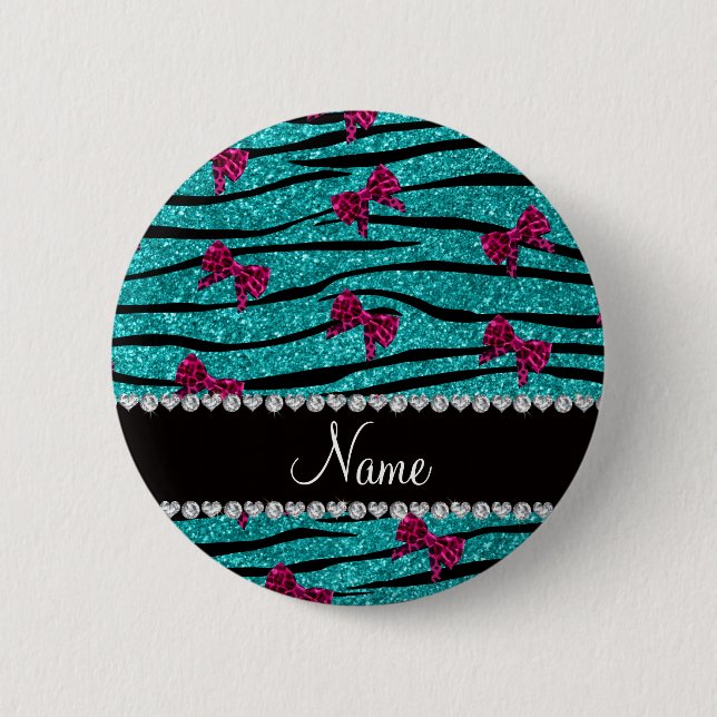 Custom name turquoise zebra stripes pink bows button (Front)