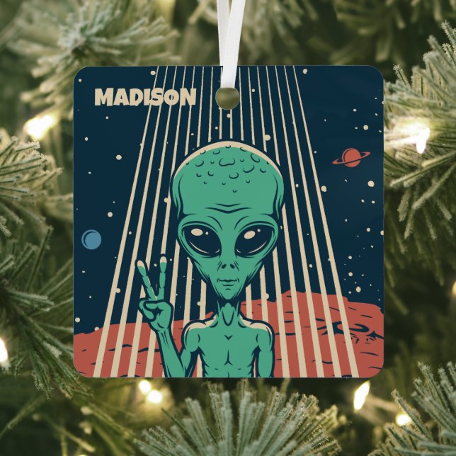 Custom Name UFO Alien Metal Ornament (Insitu)