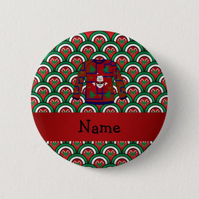 Custom name ugly christmas sweater candy canes pinback button (Front)