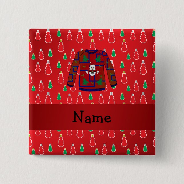 Custom name ugly christmas sweater red snowmen pinback button (Front)