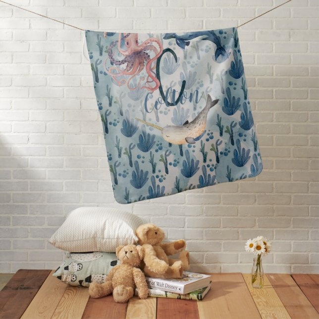Custom name Under the Sea themed Baby Blanket (In Situ)