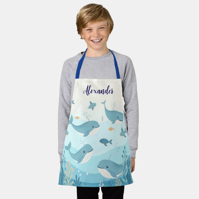 Custom Name Under the Sea Whales & Fish Kids Apron (Worn)