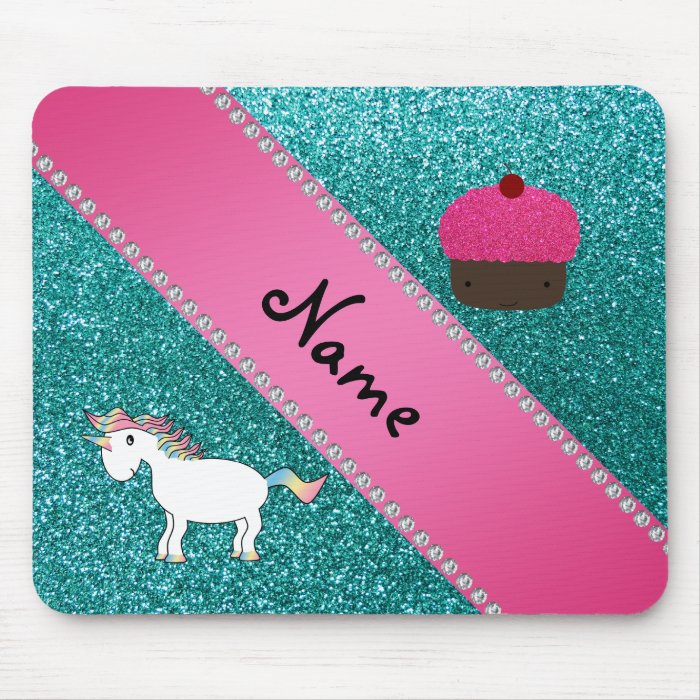 Custom name unicorn cupcake turquoise glitter mousepads