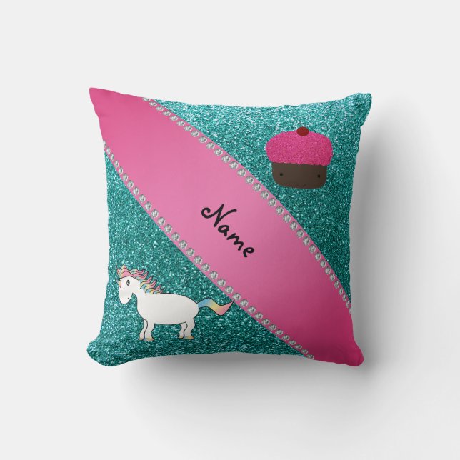 Custom name unicorn cupcake turquoise glitter throw pillow (Front)