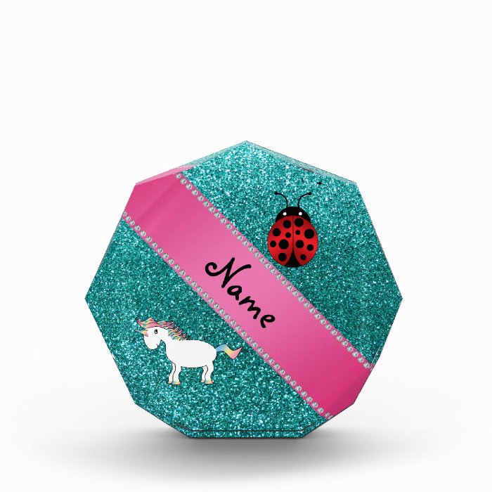 Custom name unicorn ladybug turquoise glitter acrylic award