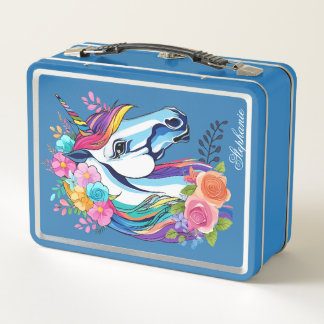 Custom Name Unicorn Lunchbox - Floral Metal