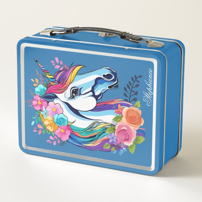 Custom Name Unicorn Lunchbox Floral Metal (Back)