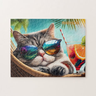 Custom Name Vacation Cat Jigsaw Puzzle