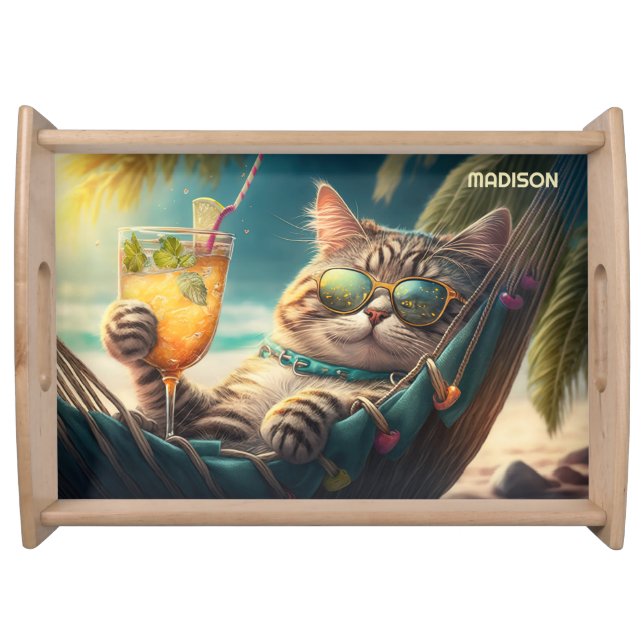 Custom Name Vacation Cat Serving Tray (Front)