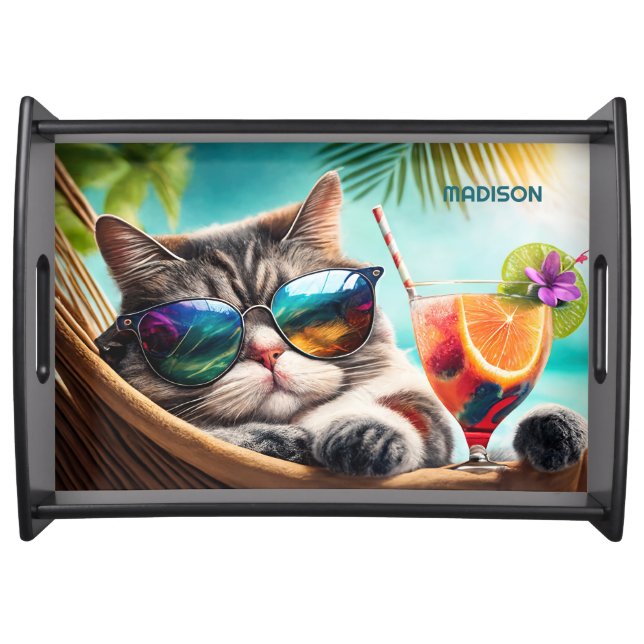 Custom Name Vacation Cat Serving Tray (Front)