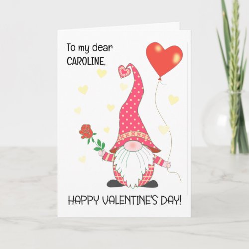 Custom Name Valentines Cute Gnome and Red Rose Card