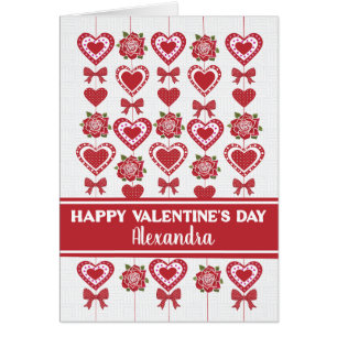 Custom Name Valentine's Red Roses Hearts Bows Cards