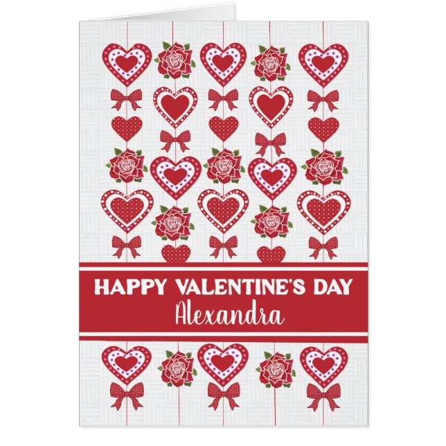 Custom Name Valentine's Red Roses Hearts Bows Cards (Front)