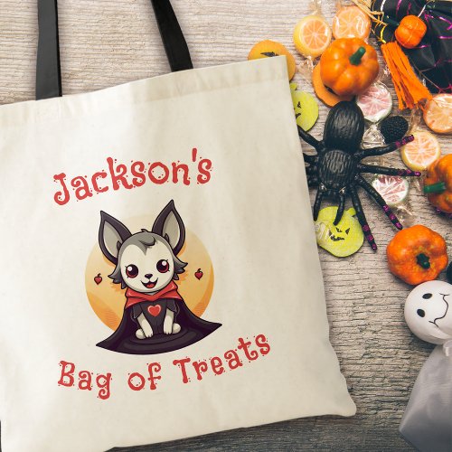 Custom Name Vampire Dog Halloween Trick or Treat Tote Bag
