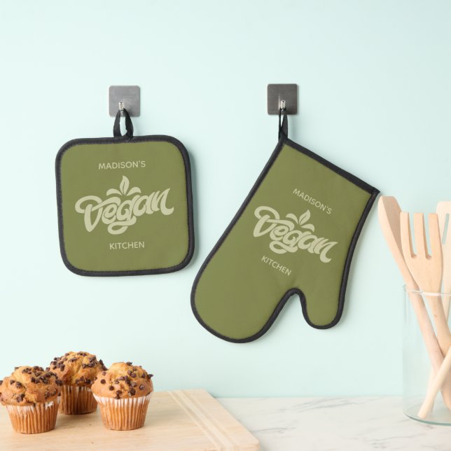 Custom Name Vegan Oven Mitt & Pot Holder Set (Insitu(Hanging))
