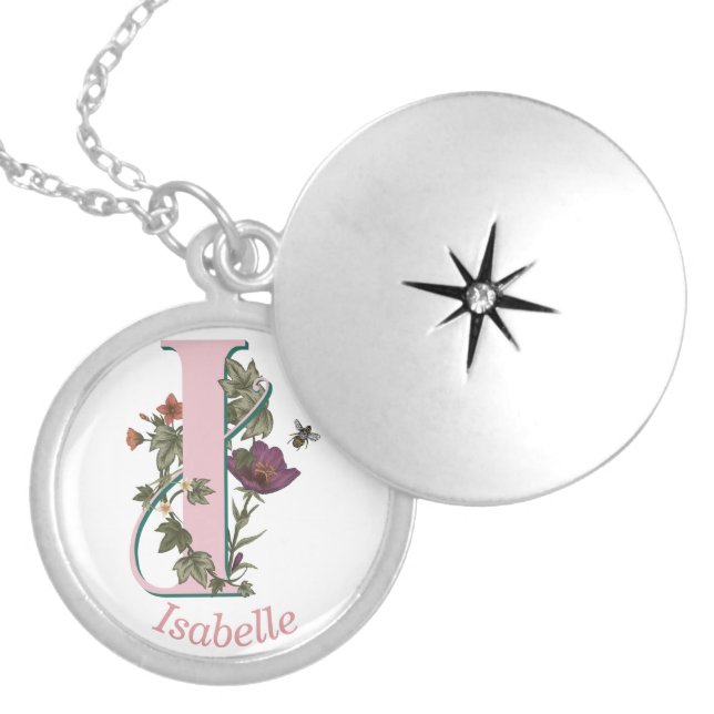 Custom Name Vibrant Letter I Floral Monogram Bee Locket Necklace (Front)