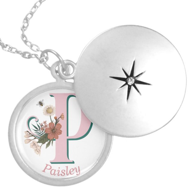 Custom Name Vibrant Letter P Floral Monogram Bee Locket Necklace (Front)