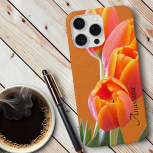 Custom Name Vibrant Orange Tulip Flowers Photo iPhone 15 Pro Max Case