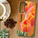 Custom Name Vibrant Orange Tulip Flowers Photo  Samsung Galaxy S21 Case<br><div class="desc">The design focus is on on this close-up floral photograph of vibrant yellow edged orange tulips. Fill in the template field with a name, initials, remove the text or edit using the design tool to select a font style, size, and color you like. You can transfer this design to another...</div>