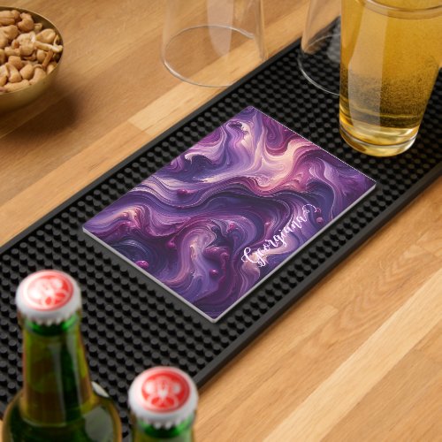 Custom Name Vibrant Purple Poured Paint Effect Bar Mat