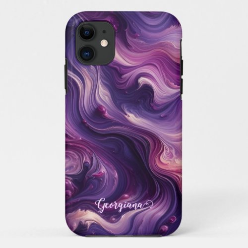 Custom Name Vibrant Purple Poured Paint Effect iPhone 11 Case