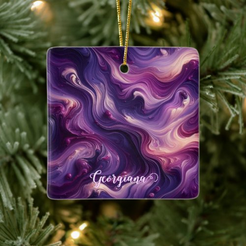 Custom Name Vibrant Purple Poured Paint Effect Ceramic Ornament